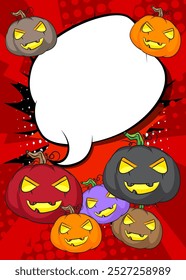 Desenhos animados muitos pequeno Halloween Pumpkin com balão em branco, história em quadrinhos Jack O' Lantern fundo. Quadrinhos vetoriais retrô com design de arte pop.