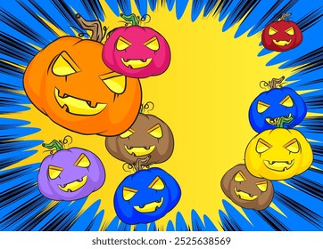 Desenhos animados de muitos pequenos Jack O' Lantern, história em quadrinhos Halloween Pumpkin. Quadrinhos vetoriais retrô com design de arte pop.