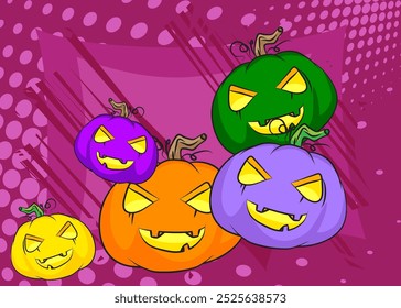 Desenhos animados de muitos pequenos Jack O' Lantern, história em quadrinhos Halloween Pumpkin. Quadrinhos vetoriais retrô com design de arte pop.