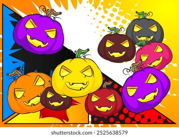 Desenhos animados de muitos pequenos Jack O' Lantern, história em quadrinhos Halloween Pumpkin. Quadrinhos vetoriais retrô com design de arte pop.