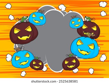 Desenhos animados de muitos pequenos Jack O' Lantern, história em quadrinhos Halloween Pumpkin. Quadrinhos vetoriais retrô com design de arte pop.