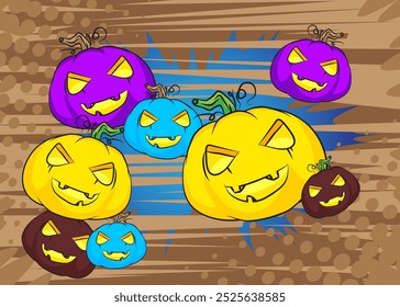 Desenhos animados de muitos pequenos Jack O' Lantern, história em quadrinhos Halloween Pumpkin. Quadrinhos vetoriais retrô com design de arte pop.