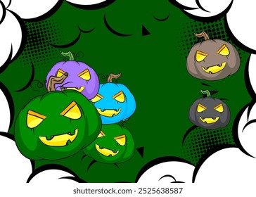 Desenhos animados de muitos pequenos Jack O' Lantern, história em quadrinhos Halloween Pumpkin. Quadrinhos vetoriais retrô com design de arte pop.