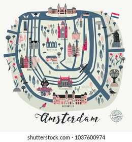 Cartoon Map of Amsterdam with Legend Icons