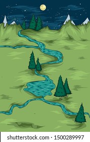 Cartoon map of the area with a lake, mountains, forest and Christmas trees. Hippie bus. Vector illustration for postcard, poster, game or mobile application. Nature and plants. Landscape.