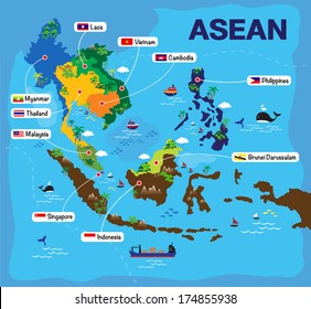 Cartoon Map Of ASEAN, Asian