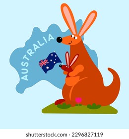 Cartoon map of Australia kangaroo with a cub in a pouch educational cognitive illustration Vector