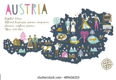 Cartoon Map of Austria with Legend Icons
