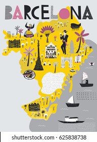 Mapa dos desenhos animados de Barcelona. Espanha. Design de impressão