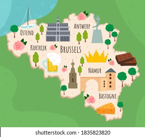 Cartoon map of Belgium. Travel illustration with landmarks, buildings, food and plants. Funny tourist infographics. National symbols. Famous attractions. Vector illustration