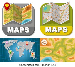 Cartoon Map Booklets With Way Points Markers. Basic Generic Geographical Map. World And City Maps. Isolated On White Background. Vector Icon Set.