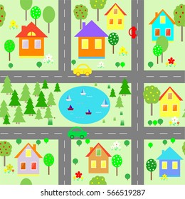 Cartoon Map City Houses Seamless Pattern Stock Vector (Royalty Free ...