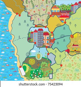 Cartoon map with city and nature and sea