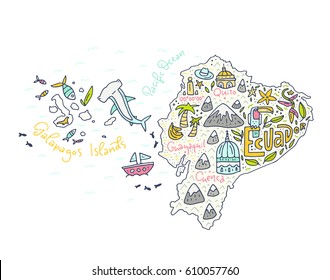 Cartoon map of Ecuador and Galapagos Islands - hand drawn illustration with all main symbols. Vector art.