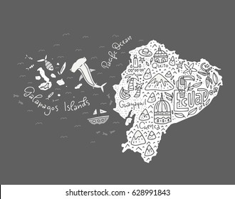 Cartoon map of Ecuador and Galapagos Islands - hand drawn illustration with all main symbols. Vector art.