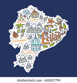 Cartoon map of Ecuador - hand drawn illustration with all main symbols. Vector art.