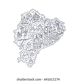 Cartoon map of Ecuador - hand drawn illustration with all main symbols. Vector art.