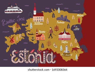 Cartoon map of Estonia. Travel and attractions. 