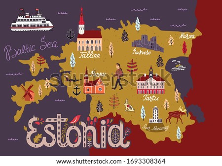 Cartoon map of Estonia. Travel and attractions. 