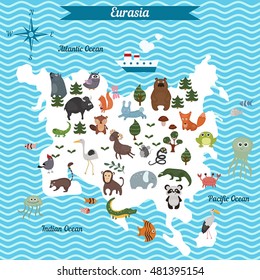 Cartoon map of Eurasia continent with different animals. Colorful cartoon illustration for children and kids. Eurasia mammals and sea life. Cartoon design concept for kids education.