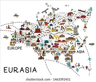 Cartoon map of Eurasia. Eurasia travel guide.  Travel Poster with animals and sightseeing attractions. Vector Illustration.