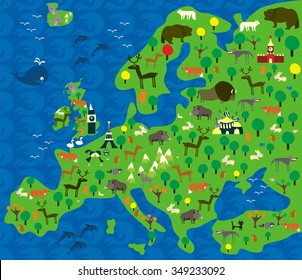 cartoon map of Europe with animals 