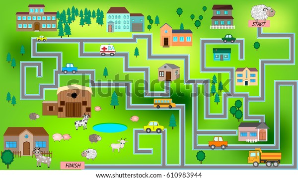 Cartoon map with\
farm, roads, cars and houses. City map for children with maze. Play\
mat. Vector Funny Maze Game\
