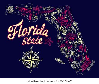 Cartoon map of Florida state. Travel and attractions.