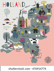 Cartoon Map Of Holland With Legend Icons

