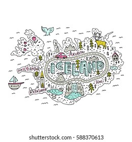 Cartoon map of Iceland. Handdrawn illustration with all main tourist attractions. Great design element for travel blog, poster, tour guide company. Vector cartography.
