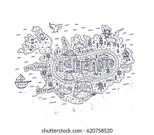 Cartoon map of Iceland. Handdrawn illustration with all main tourist attractions. Great design element for travel blog, poster, tour guide company. Vector cartography.