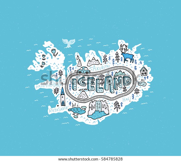 Cartoon Map Iceland Handdrawn Illustration All Stock Vector (Royalty ...