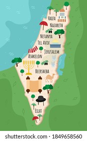 Cartoon map of Israel. Travel illustration with Jewish landmarks, buildings, food and plants. Funny tourist infographics. National symbols. Famous attractions. Vector illustration