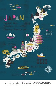 Cartoon Map of Japan. Print Design
