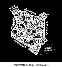 Cartoon map of Kenya with animals, national parks and main tourist attractions.