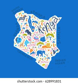 Cartoon map of Kenya with animals, national parks and main tourist attractions.