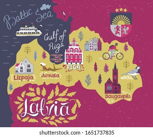 Cartoon map of Latvia. Travel and attractions. 