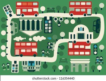 cartoon map of London with double decker