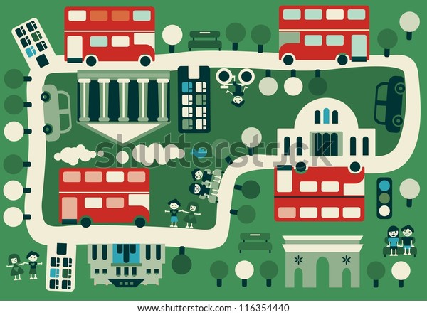 cartoon map of London
with double decker