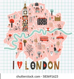 Cartoon Map of London with Legend Icons