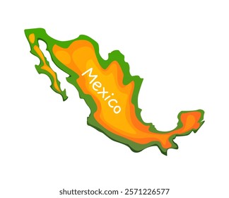 Cartoon map of Mexico country features contrasting layers of bold yellow, green and orange colors. Vector geographical region representing culture and heritage for learning, travel or education themes