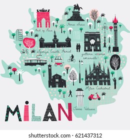 Cartoon map of Milan. Italy. Print design