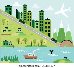 Cartoon map with mountain city