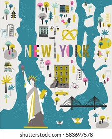 Cartoon Map of New York with Legend Icons
