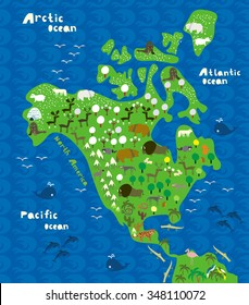 cartoon map of north america with animals
