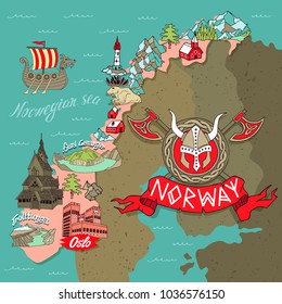 Cartoon map of Norway. Elements of the Scandinavian culture. Travel and attractions