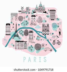 Cartoon Map Of Paris With Legend Icons. Print Design