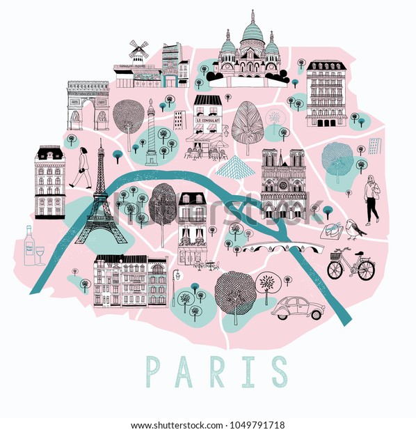 Carte De Paris En Dessins Animes Image Vectorielle De Stock Libre De Droits