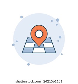Mapa de dibujos animados con ilustración vectorial de icono de pin. Pin puntero sobre el fondo de burbujas. Concepto de signo de posición.