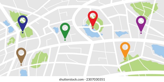 Cartoon map with pin pointers icon. Navigation or navigator, maps, road, direction arrow. Pins points mark. Pointer or point trekking route. track en trace city, street map. Markers, map locator idea.